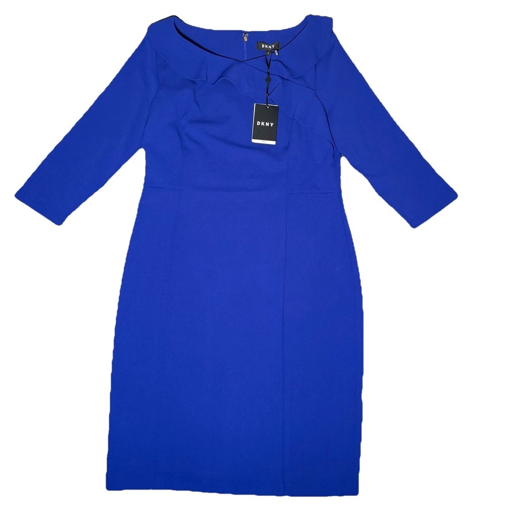 DKNY Cobalt Blue Sheath Midi Dress Womens 12 Scalloped‎ Neck 3/4 sleeve NWT $119